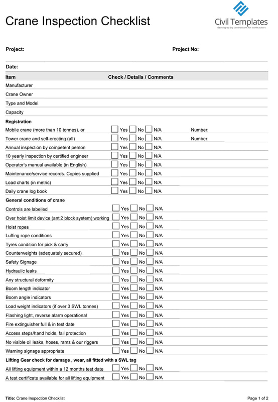 Safety Crane Inspection checklist template
